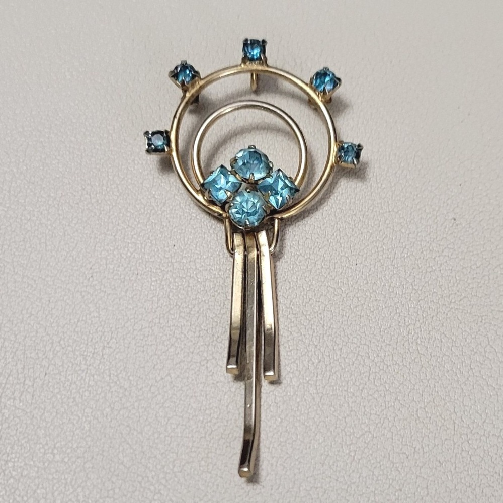 Vintage Unsigned‎ Retro 1960s Blue Rhinestone Gold Tone 2.25" Pendant